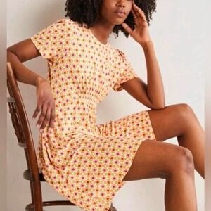 Boden Fit & Flare Dress Women 10L Yellow Red Floral Smocked Empire Midi Retro